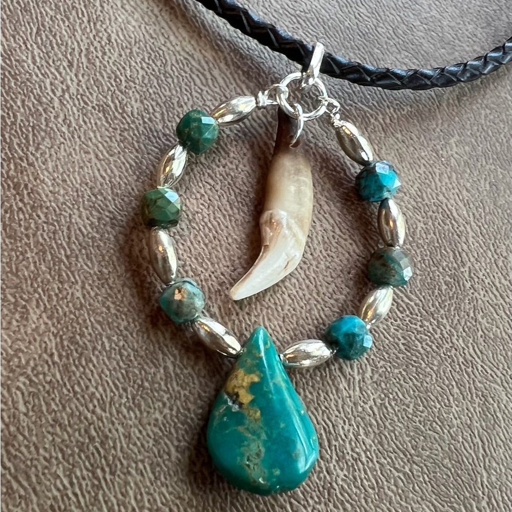 Coyote Tooth & Turquoise on Magnetic Braided Necklace